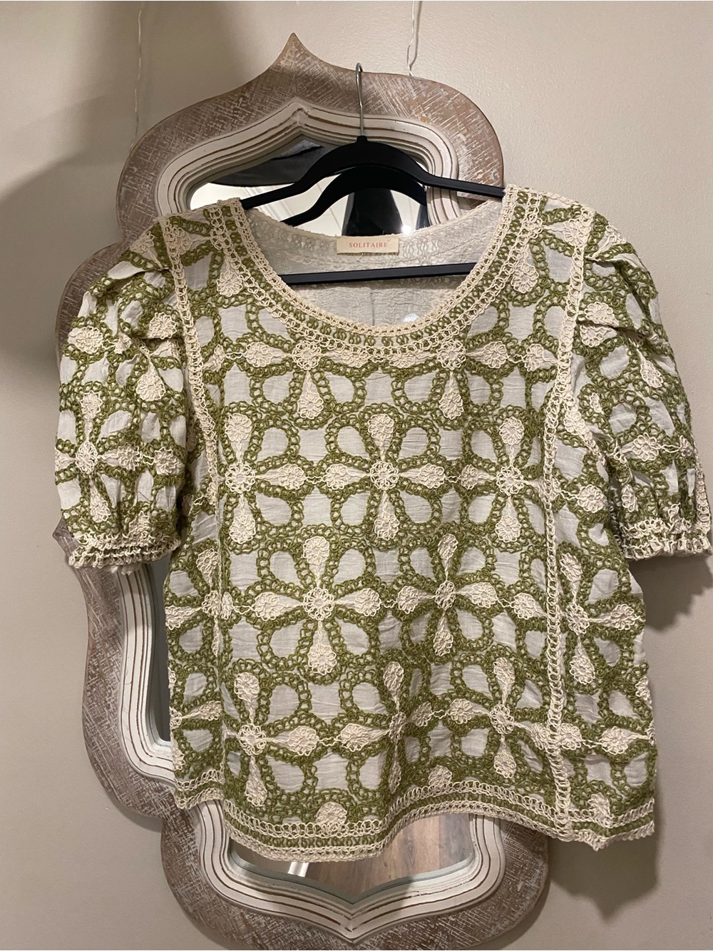 Solitaire Olive & Cream Crochet Floral Puff Sleeve Top